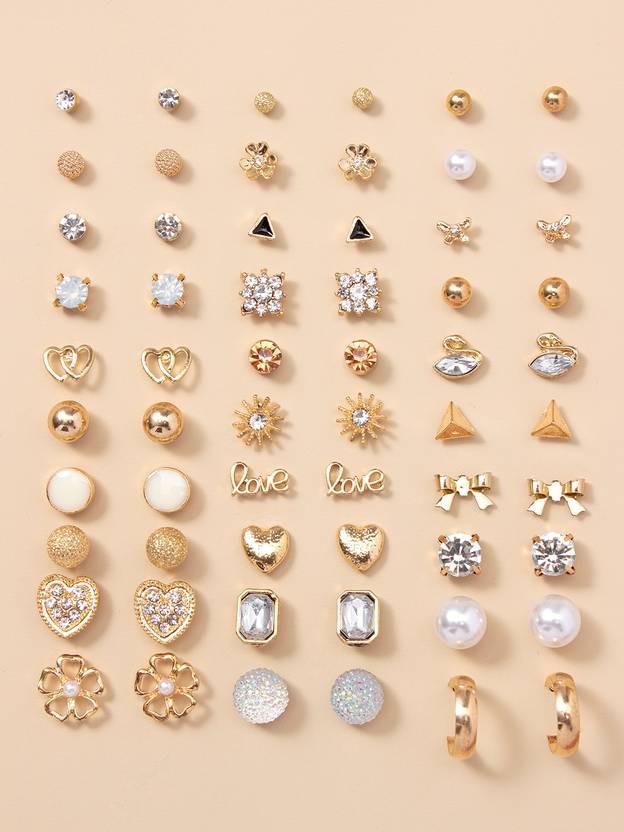 Vembley Set Of 30 Pairs Gold-Plated Trendy Crystal & Pearl Stud Earring for Women