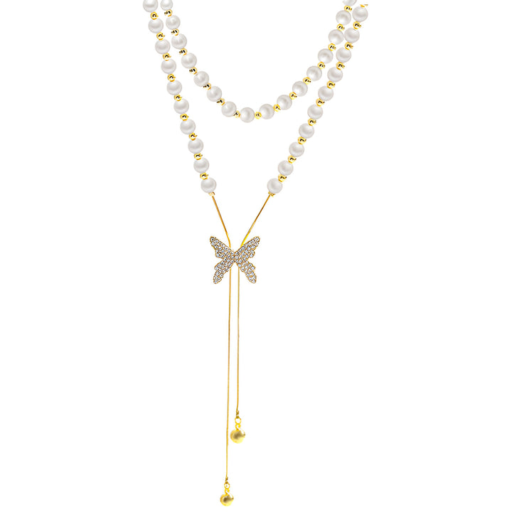 Vembley Golden Butterfly Chain Pearl Tassel Pendent Necklace For Women And Girls