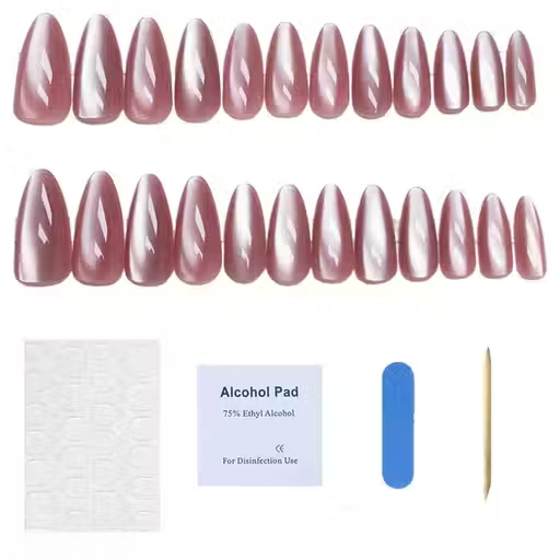 Vembley Pink Cat Eye Glossy Press-On Nails Almond Shape Reusable Artificial Nail Set