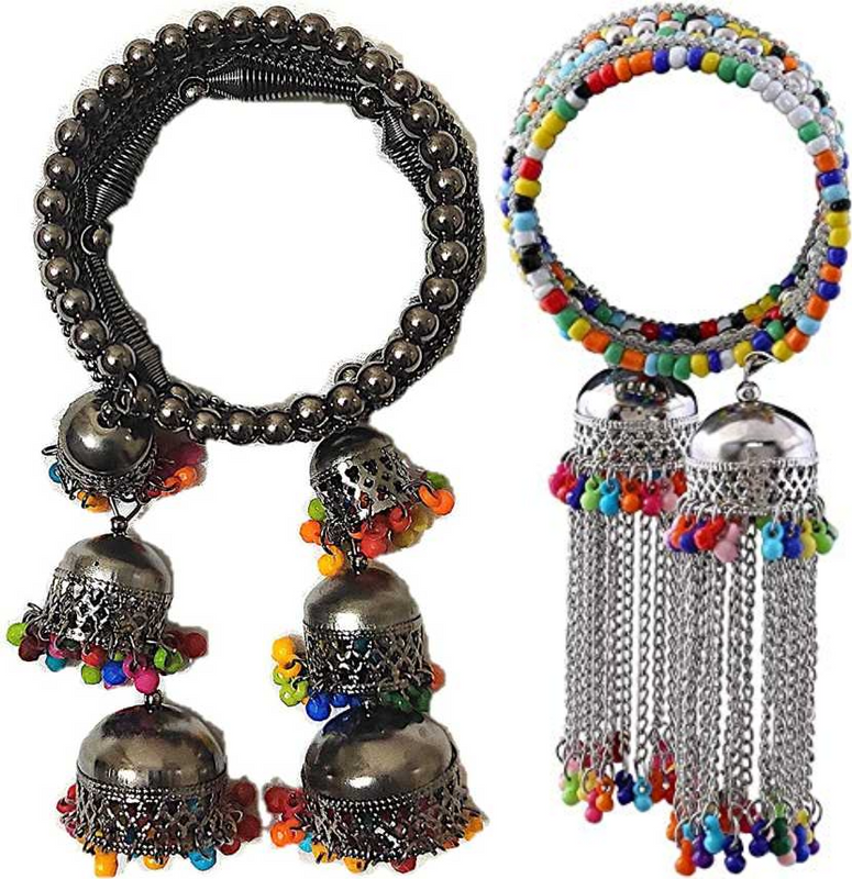 Vembley Combo of 2 Classic Silver Bangle Bracelet with Hanging multicolor Beads Jhumki for Women and Girls