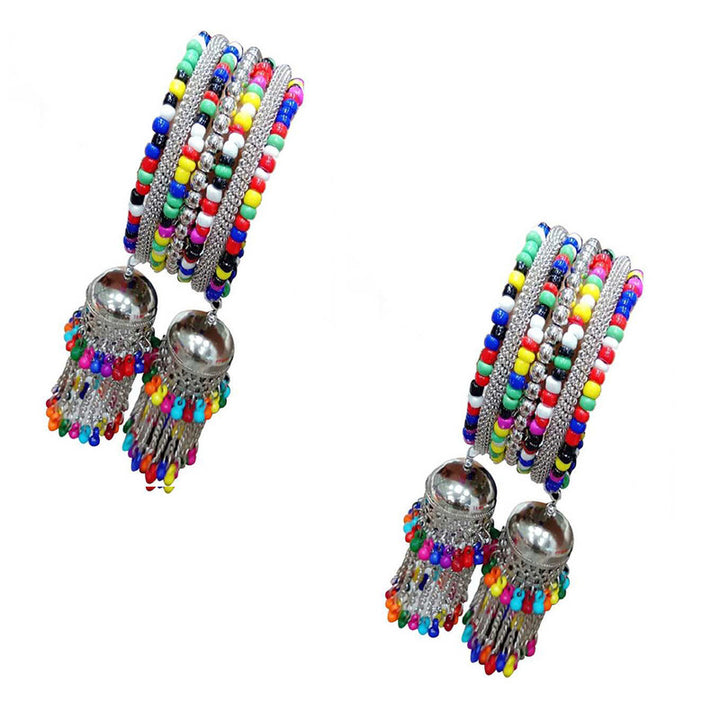 Vembley Combo of 2 Trendy Silver Bangle Bracelet with Multicolor Beads Hanging Jhumki