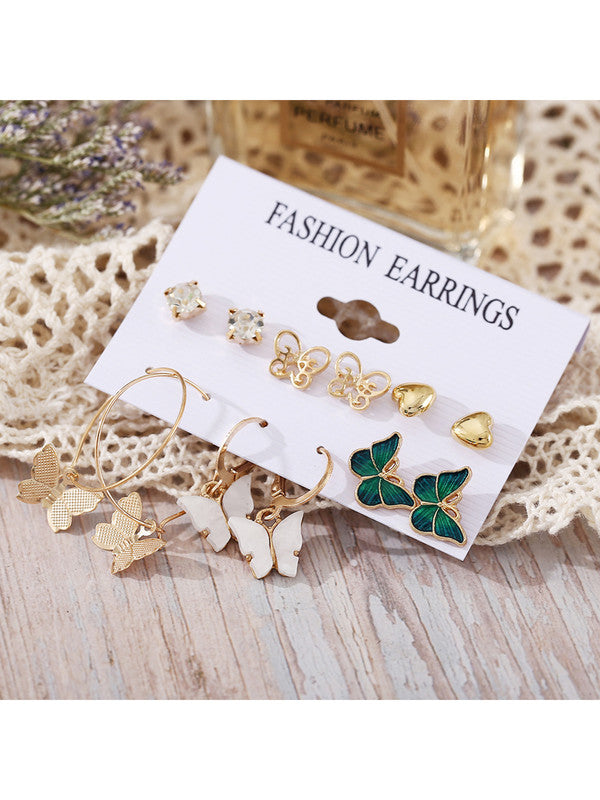 Combo of 12 Pair Golden Butterfly Crystal Studs and hoop Earrings