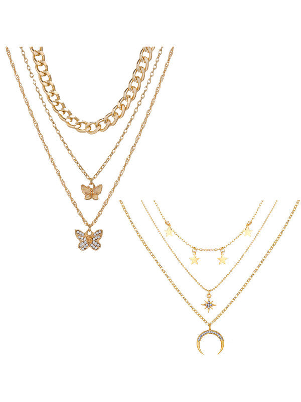 Combo Of 2 Charming Gold Plated Triple Layered Stars Moon & Butterfly Pendant Necklace For Women and Girls