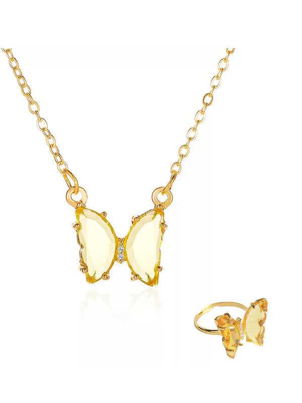 Combo of Stylish Gold Plated Yellow Crystal Butterfly Pendant Necklace With Ring