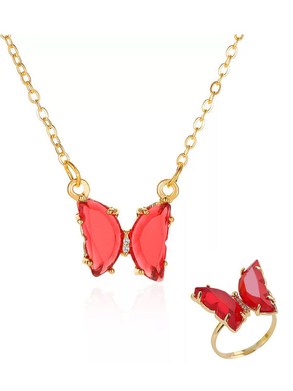 Combo of Stylish Gold Plated Red Crystal Butterfly Pendant Necklace With Ring