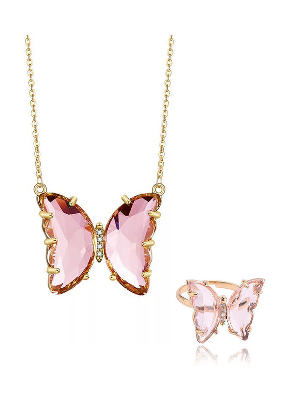 Combo of Stylish Gold Plated Pink Crystal Butterfly Pendant Necklace With Ring