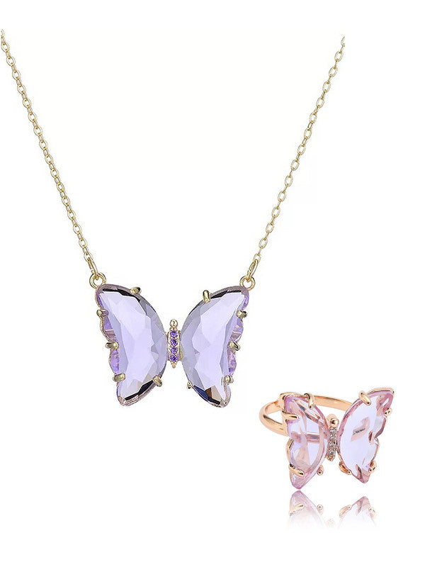 Combo of Stylish Gold Plated Purple Crystal Butterfly Pendant Necklace With Ring