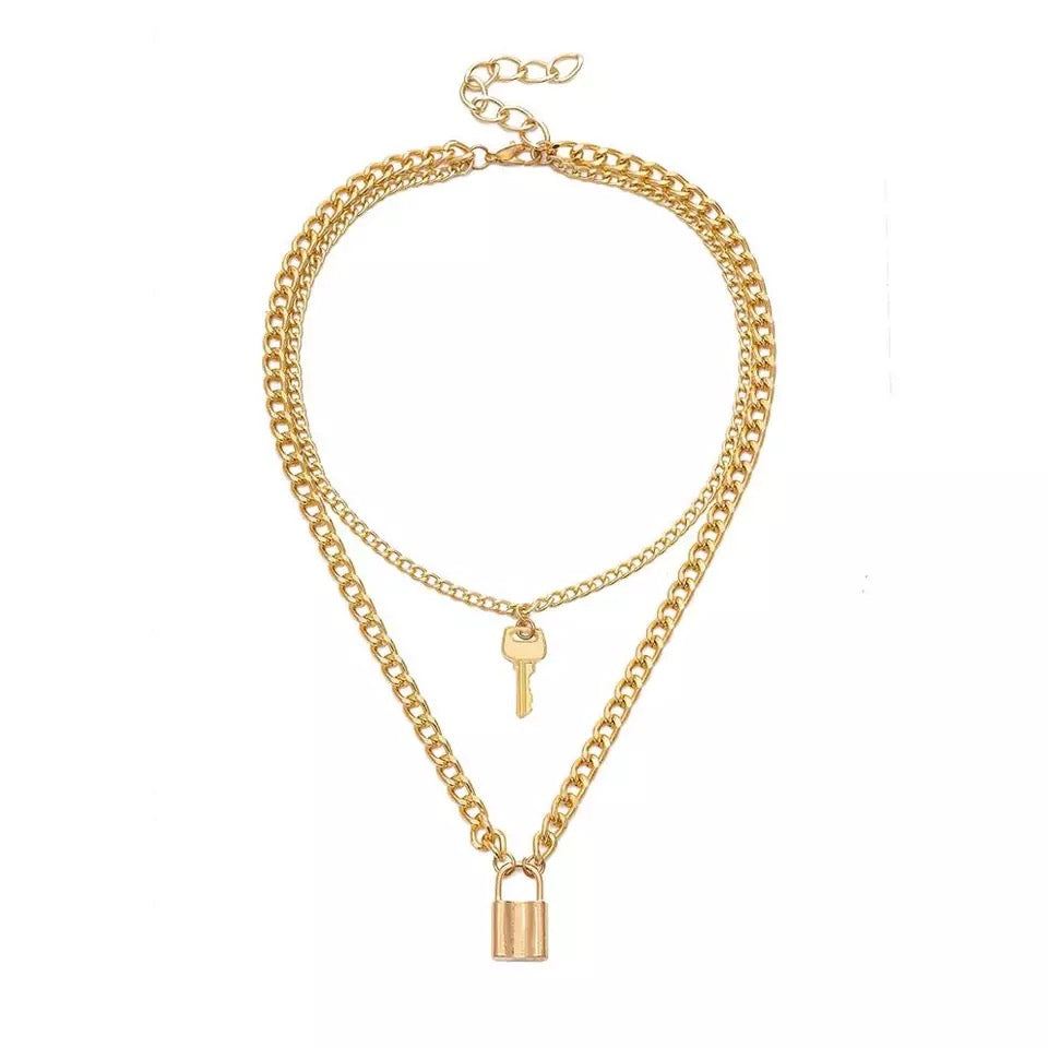 Gold Plated Double Layered Lock and Key Pendant