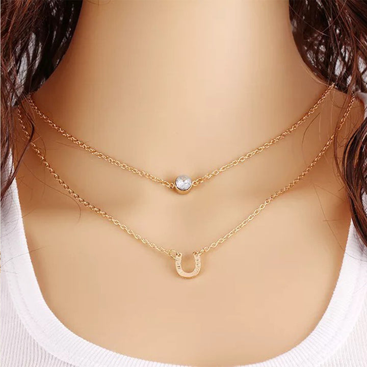  Charming Gold Plated Double Layered U Alphabet And Single Stud Pendant Necklace for Women and Girls