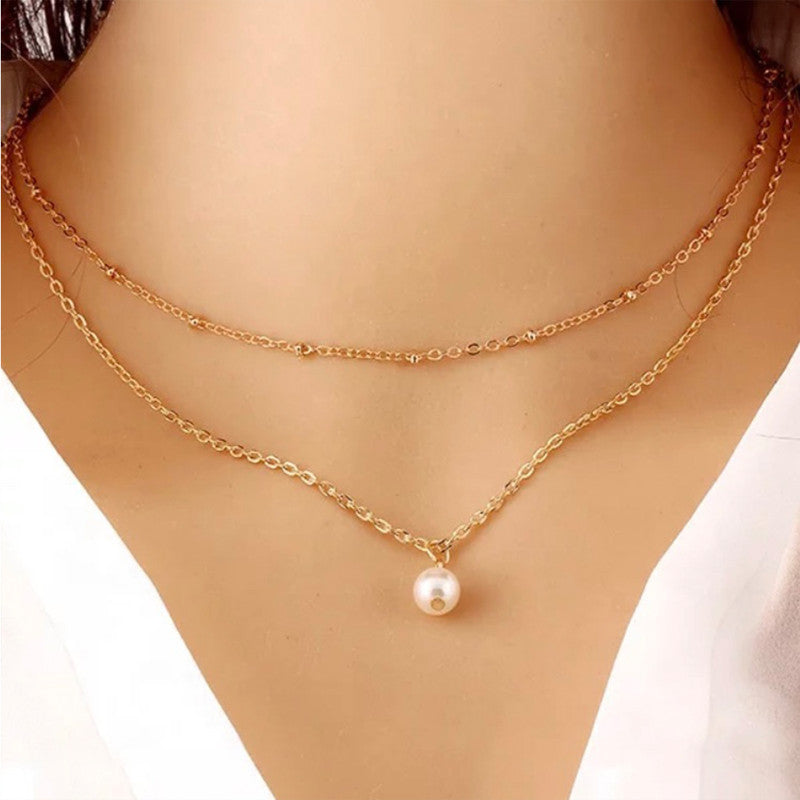  Lovely Gold Plated Double Layered Pearl Drop Pendant Necklace for Women and Girls