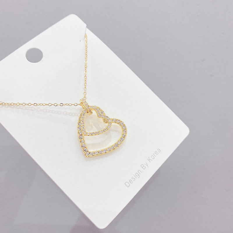  Pretty Gold Plated Zircon Studed Double Heart Pendant Necklace for Women and Girls