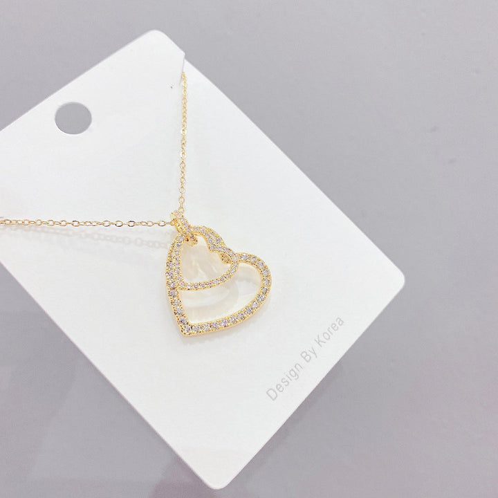 Pretty Gold Plated Zircon Studed Double Heart Pendant Necklace for Women and Girls