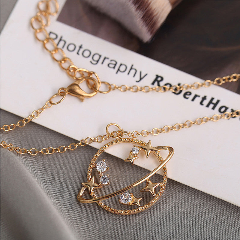  Stunning Gold Plated Single Layered Earth With Star Studs Pendant Necklace for Women and Girls