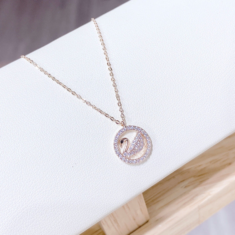  Stunning Rosegold Plated Embedded Circle with Swan Pendant Necklace for Women and Girls