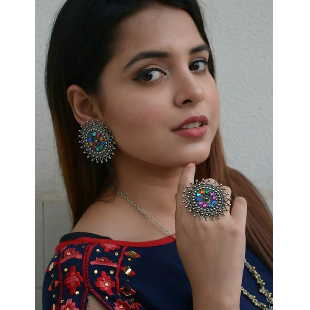 Combo of Multicolor Stones Stud Earrings With Ring
