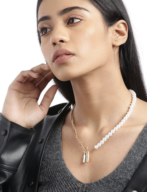 Stunning Gold Plated Pearl and Chainlink Lock Pendant Necklace for Women and Girls