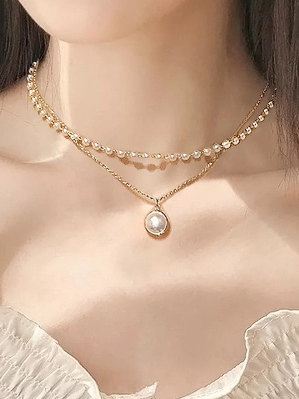 Vembley Combo Of Golden Double Layered Pearl Pendant Necklace  With Earrings Set For Women and Girls
