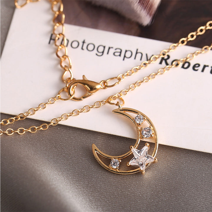  Gorgeous Gold Plated Single Layered Moon with Star Studs Pendant Necklace for Women and Girls