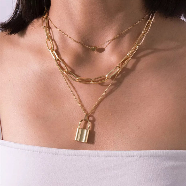 Pack of 2 Gold Plated Layered Heart Lock Pendant