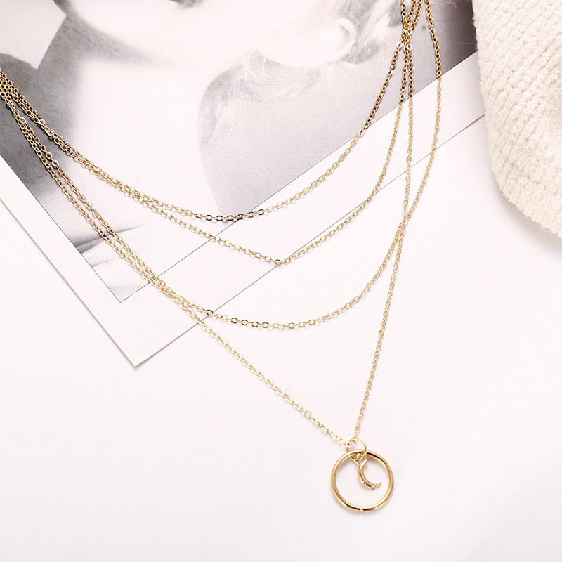  Pretty Gold Plated Multi Layered Circle with Moon Pendant Necklace for Women and Girls