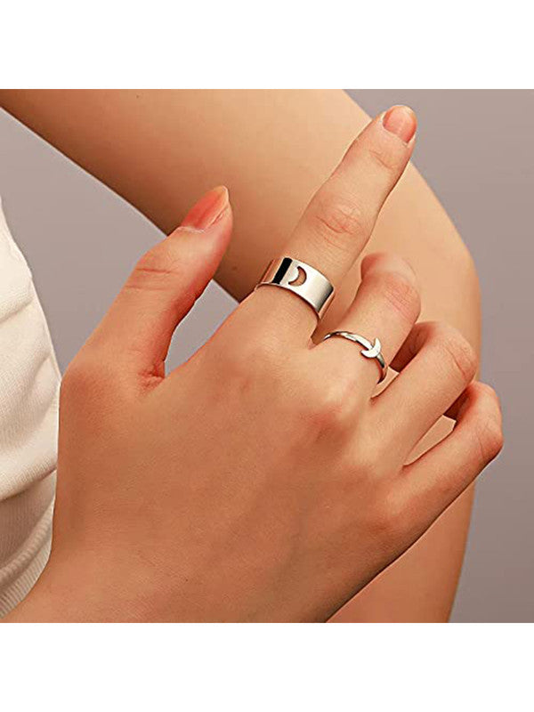 Combo of 2 Lovely Silver Plated Half Moon and Heart Couple Ring For Women & Men