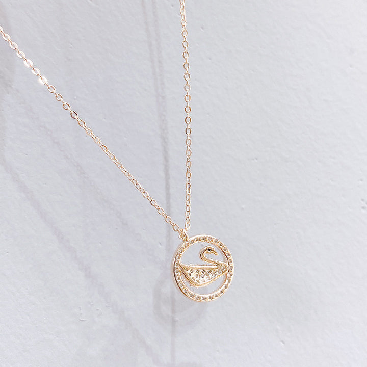 Vembley Stunning Rosegold Plated Embedded Circle with Swan Pendant Necklace for Women and Girls - Vembley
