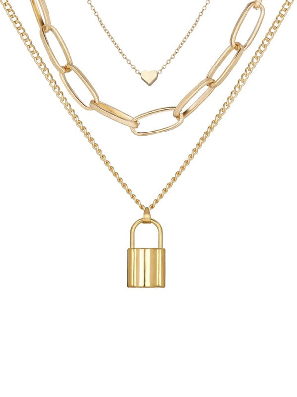 Vembley Combo Of Golden Heart Lock Pendant Necklace  With Earrings Set For Women and Girls
