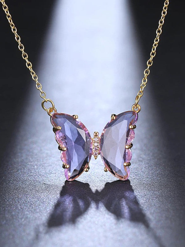 Combo of Stylish Gold Plated Purple Crystal Butterfly Pendant Necklace With Ring