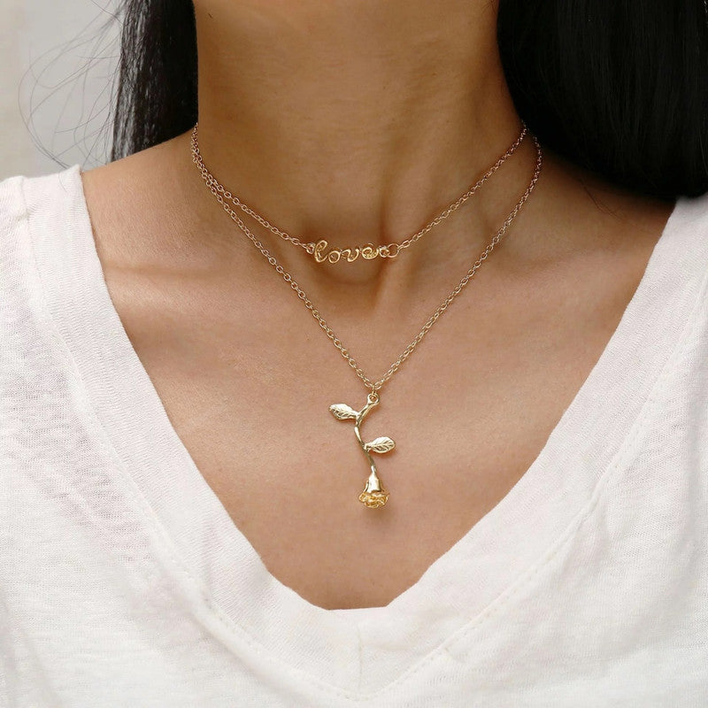  Pretty Gold Plated Double Layered Love and Rose Pendant Necklace for Women and Girls