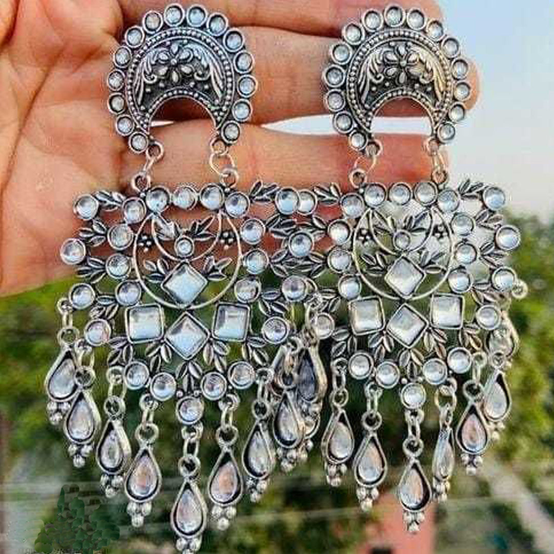 Silver Oxidised Antique Kundan Dangle Earrings