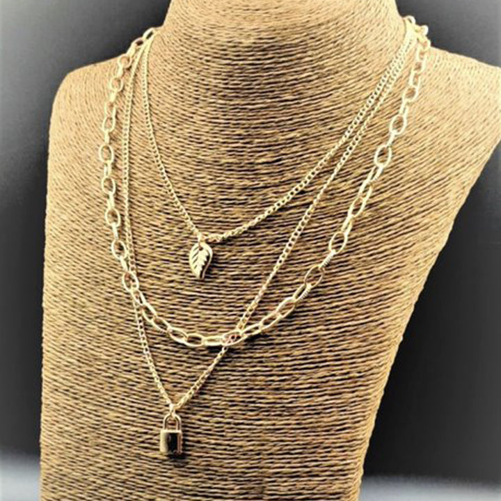Triple Layered Golden Lock and Leaf Pendant