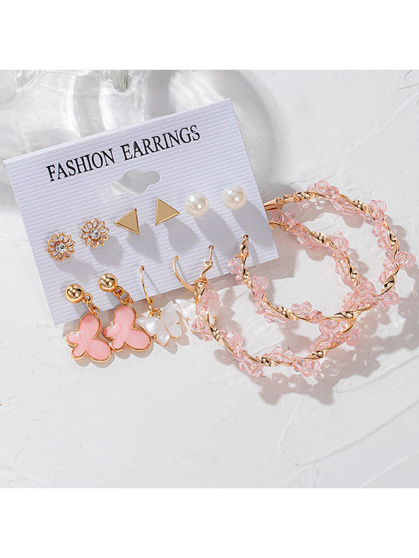 Combo of 12 Pair Pretty Gold Plated Flower Pearl Studs and Hoop Earrings