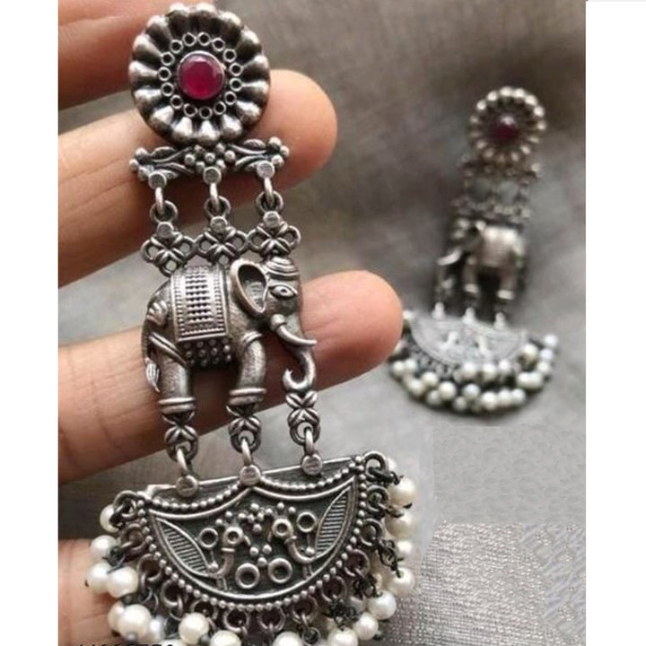 Oxidised Silver Antique Elephant Dangle Earrings