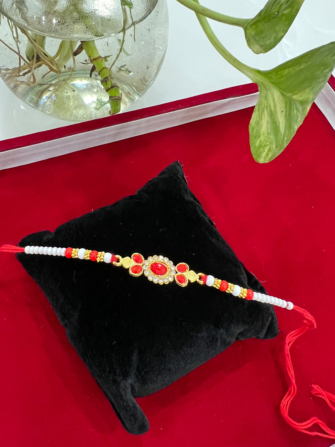 Red and White Pearl Thread Brother Rakhi