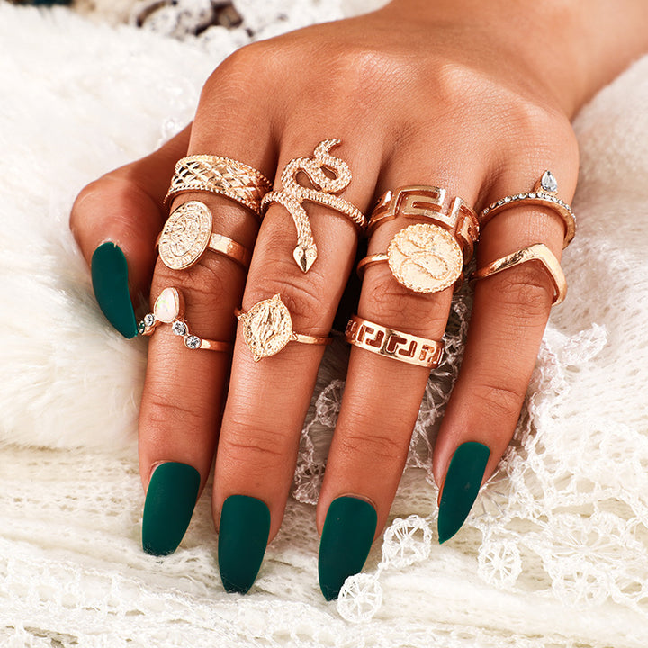 Vembley Fashion Gold Plated 10 Pcs Snake, Studded, Zig zag Boho Midi Finger Ring for Women and Girls