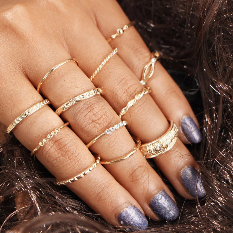 Gold Plated 12 Piece Plain Chain Designs Ring Set