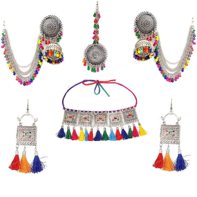 Vembley Combo of Traditional Silver Multicolor Bead Jewelry set and Bahubali Earrings for women and Girls
