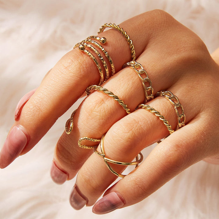 Gold Plated Eight Piece Exclusive Multi Designs Ring Set For Women and Girls