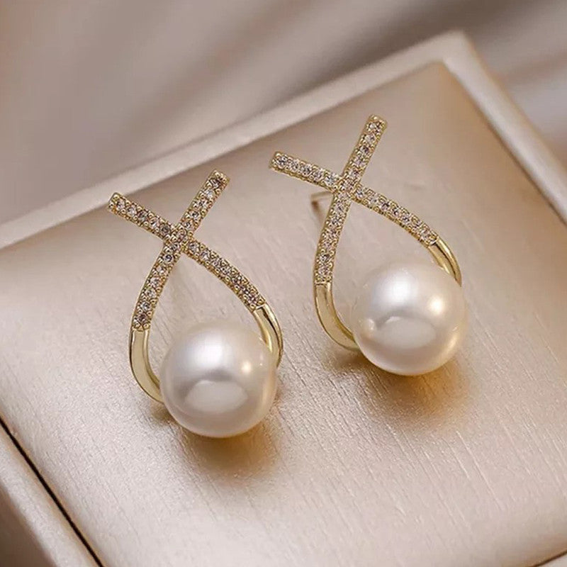 Korean Diamond Cross Pearl Stud Earrings 2 Pcs/Set
