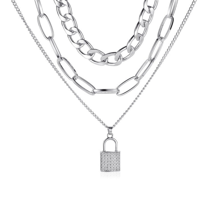 Silver Layered Chunky Chain Studded Lock Pendant