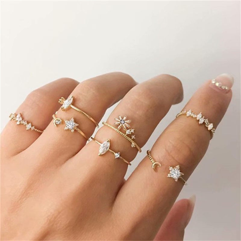 Gold Plated Seven Piece White Crystal Multi Designs Ring Set For women and Girls