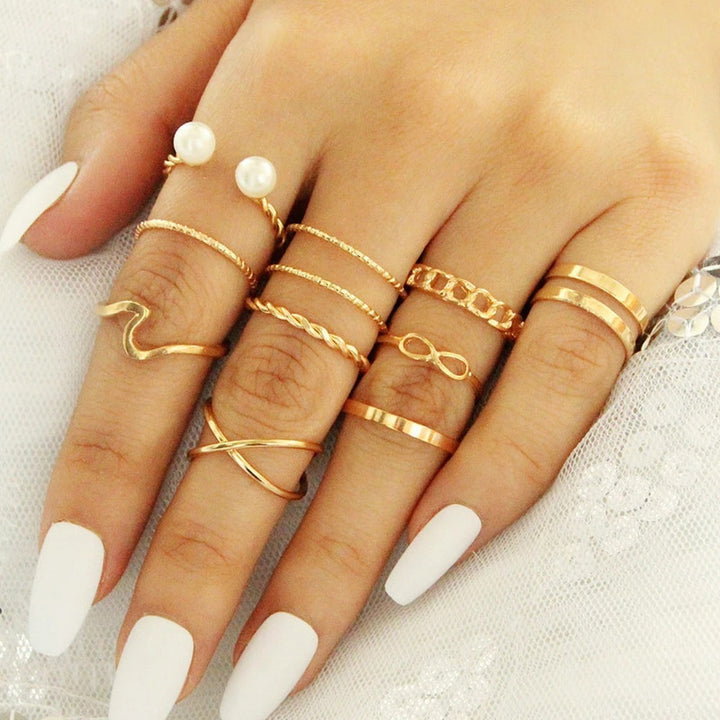Vembley Gold Plated 10 Piece Cross Chain Pearl Ring Set For Women and Girls