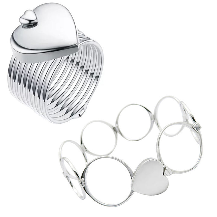 Silver 2 In 1 Retractable Heart Ring Bracelet