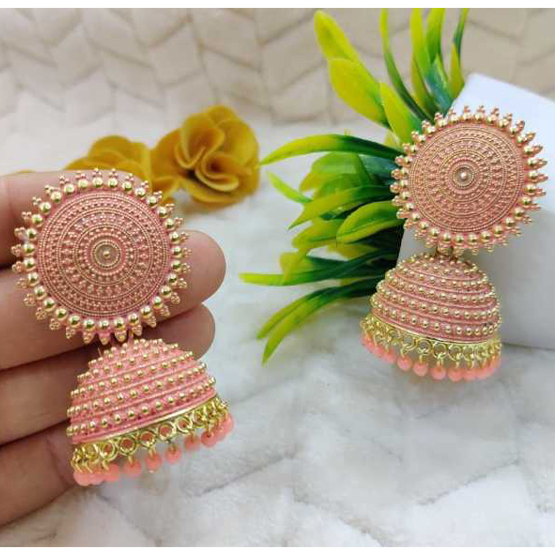 Combo of 2 Peach and Golden Pearls Dome Shape Jhumki