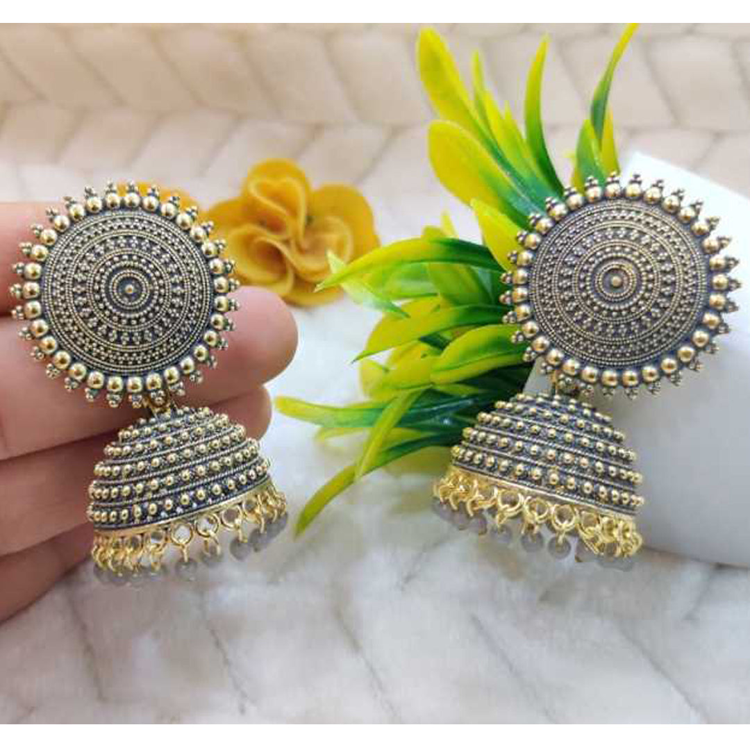 Combo of 2 Grey and Golden Pearls Dome Shape Jhumki