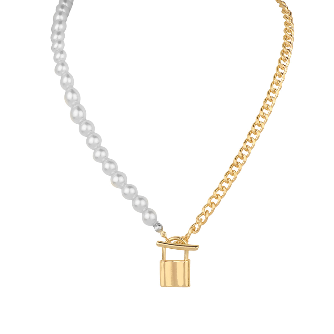 Vembley Stunning Gold Plated Pearl and Chainlink Lock Pendant Necklace for Women and Girls - Vembley