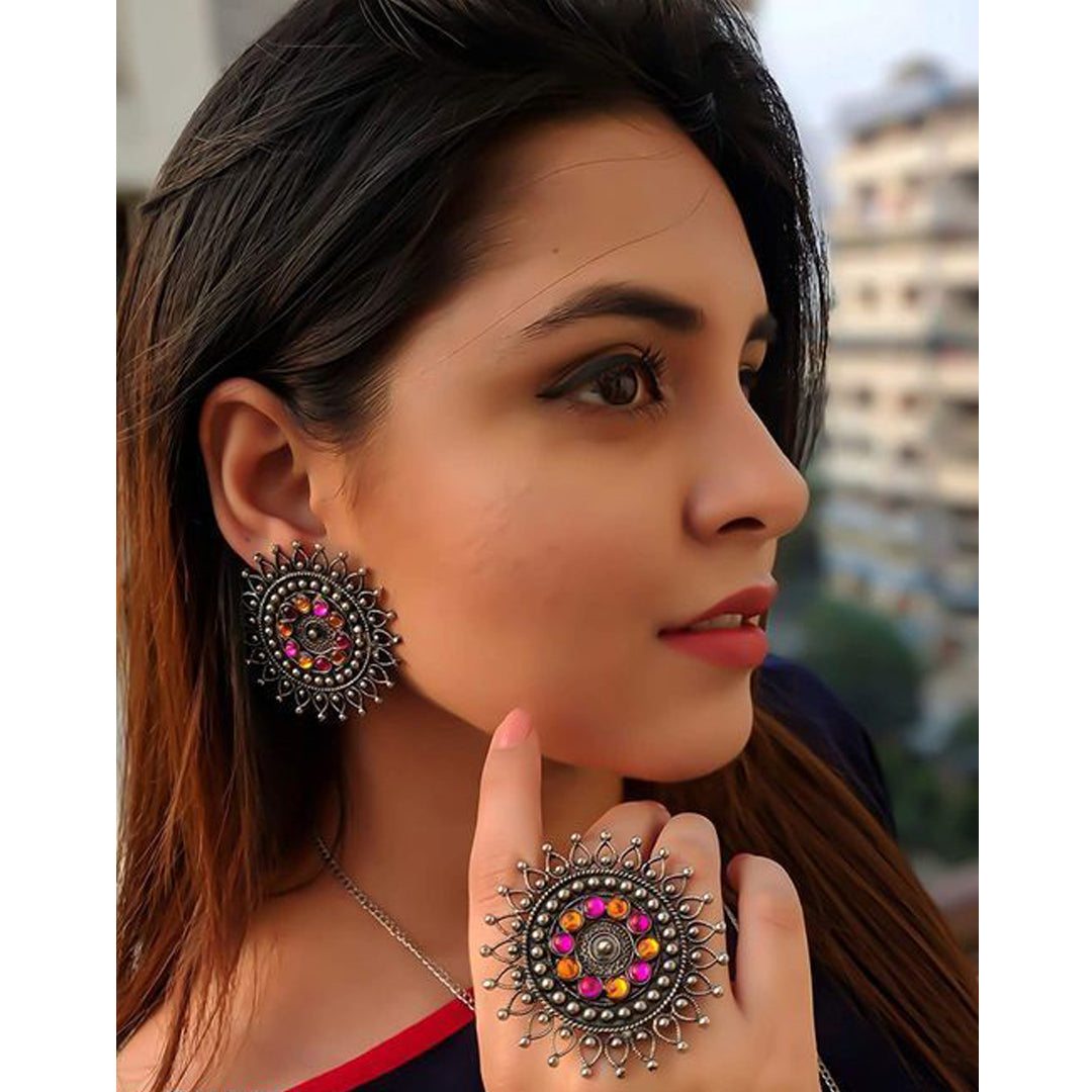 Combo of Multicolor Stones Stud Earrings With Ring