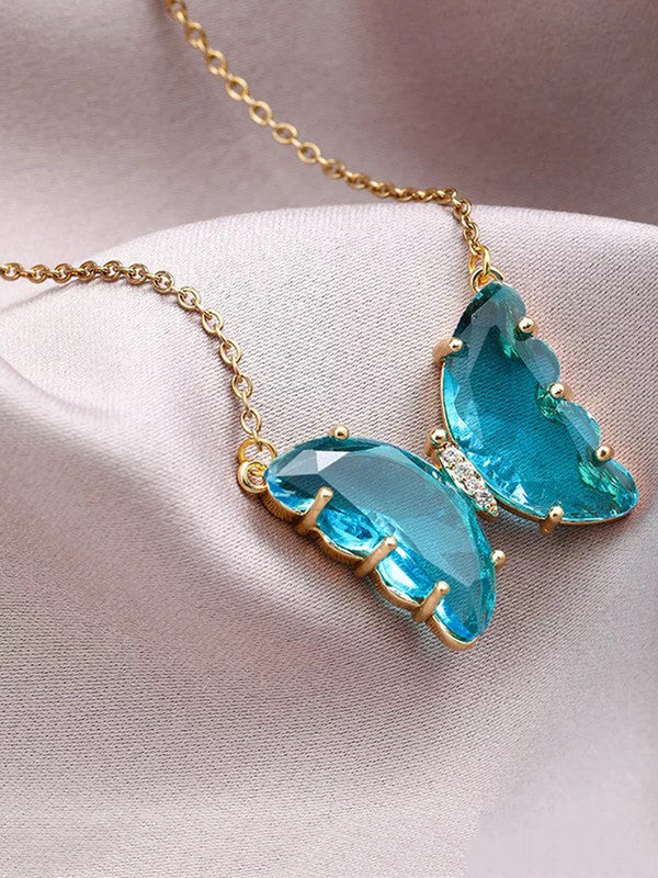 Combo of Stylish Gold Plated Blue Crystal Butterfly Pendant Necklace With Ring