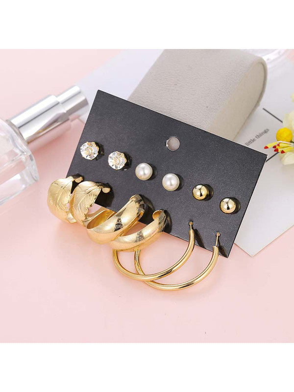 Combo of 12 Pair Trendy Gold Plated Pearl Studs and Leaf Hoop Earrings