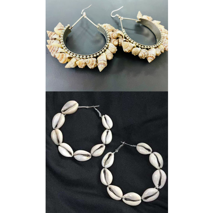 Combo Of 2 White Grey Sea Shell Hoop Earrings